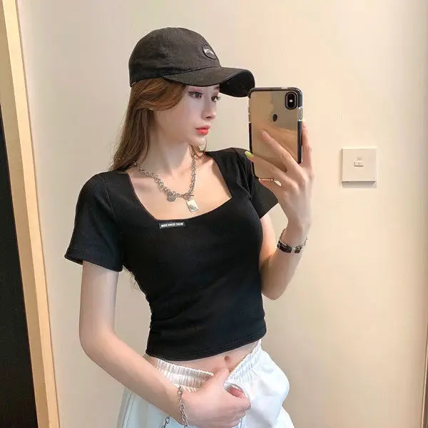 Women Black Square Collar T-Shirt Slim Fit 2025 — feature 10