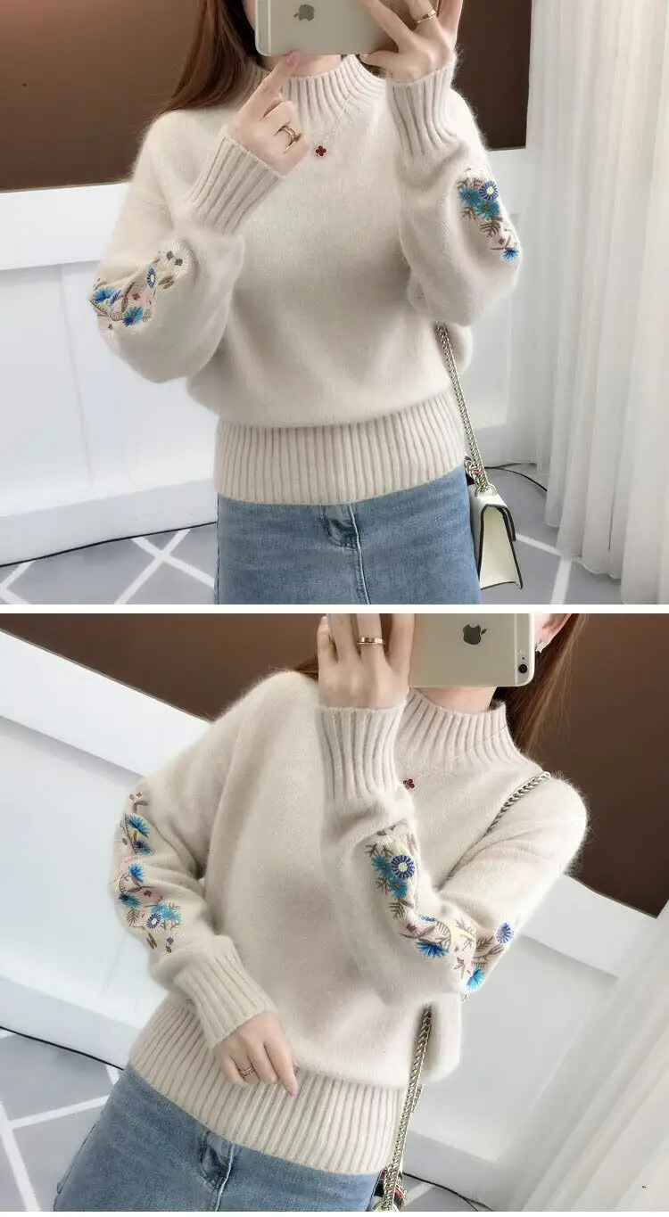 Women Embroidered Knit Half Turtleneck Sweater — feature 5
