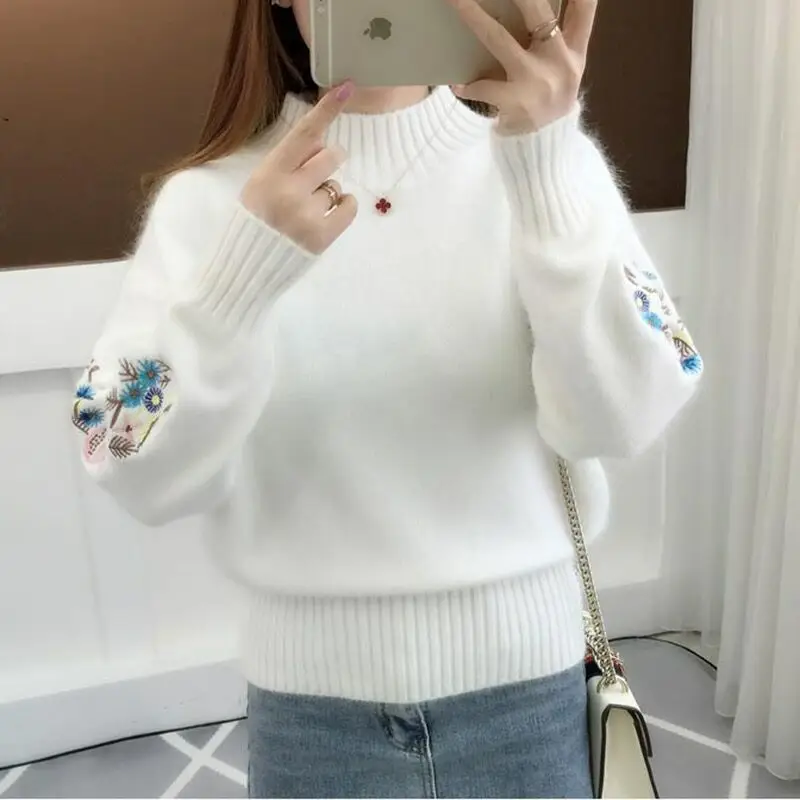 Women Embroidered Knit Half Turtleneck Sweater - Image 2