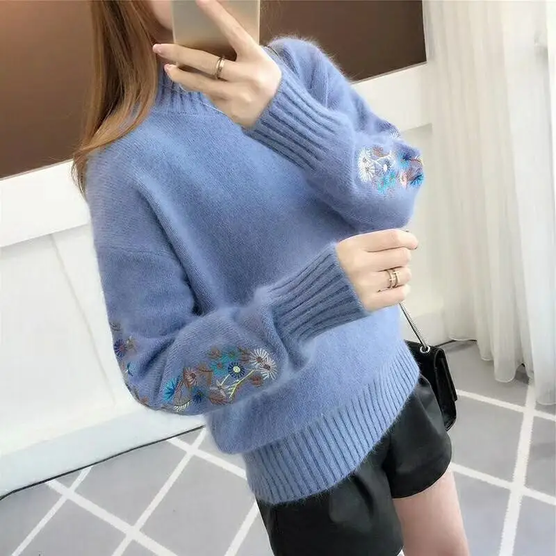 Women Embroidered Knit Half Turtleneck Sweater - Image 3