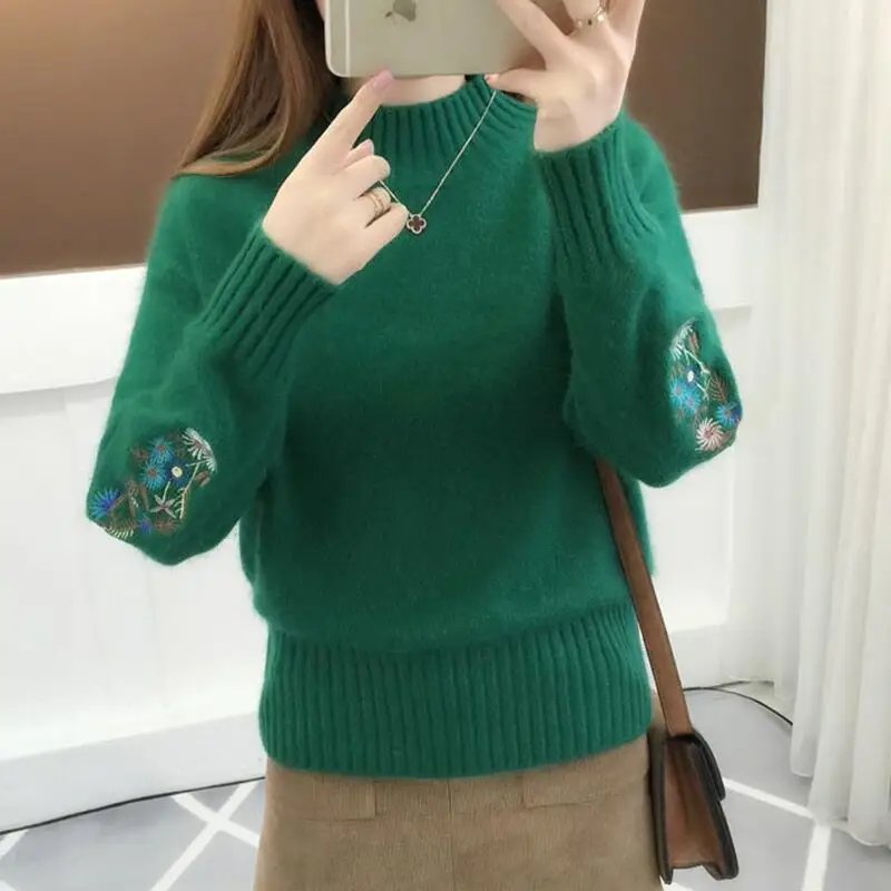 Women Embroidered Knit Half Turtleneck Sweater - Image 5
