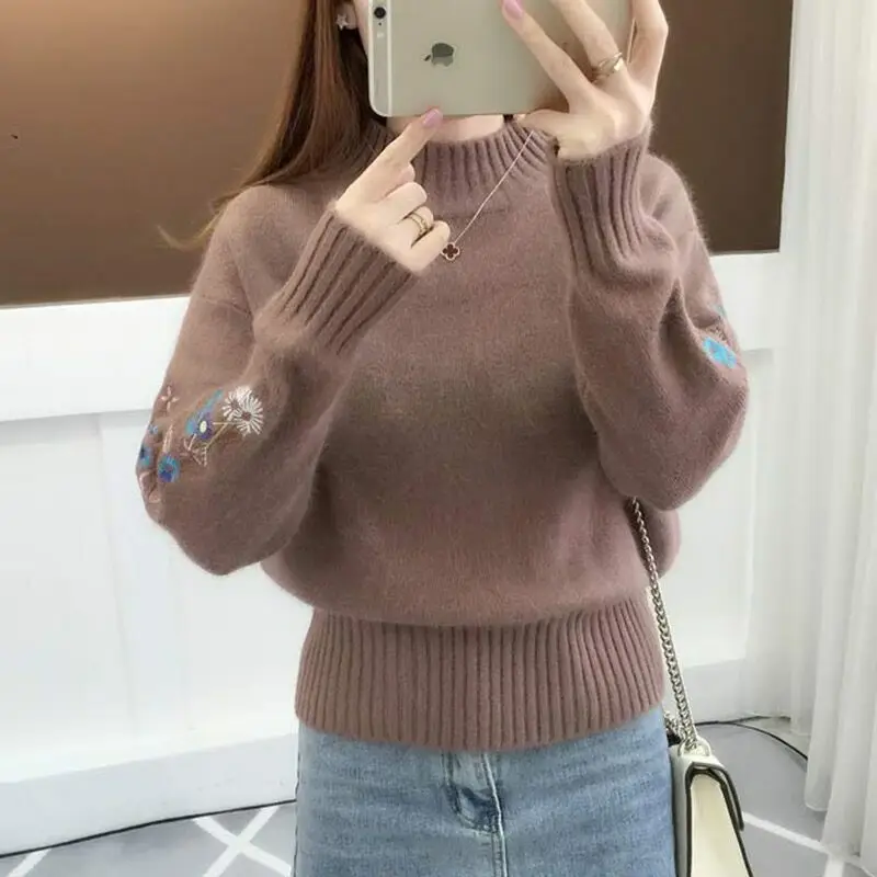 Women Embroidered Knit Half Turtleneck Sweater - Image 6