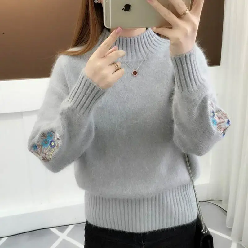 Women Embroidered Knit Half Turtleneck Sweater - Image 7