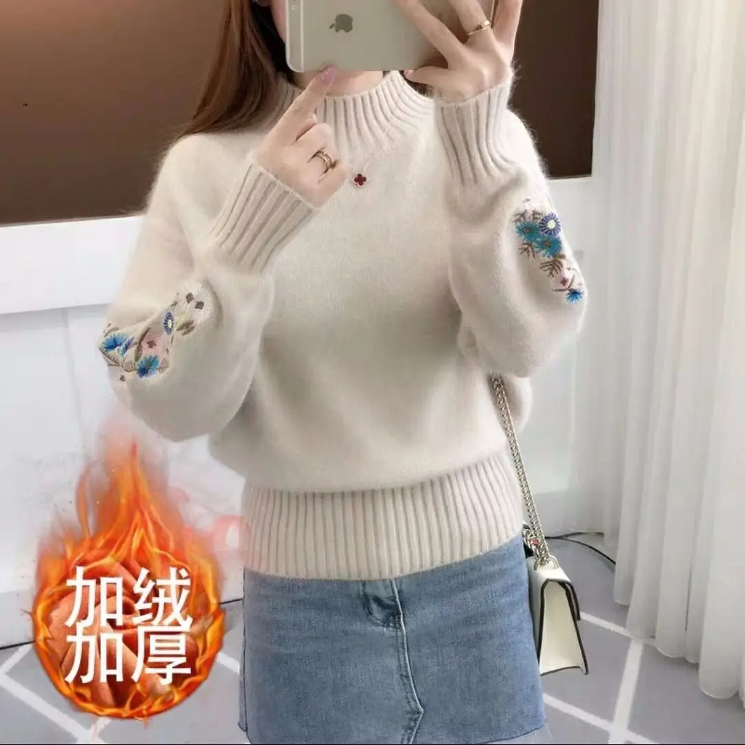 Women Embroidered Knit Half Turtleneck Sweater - Image 9