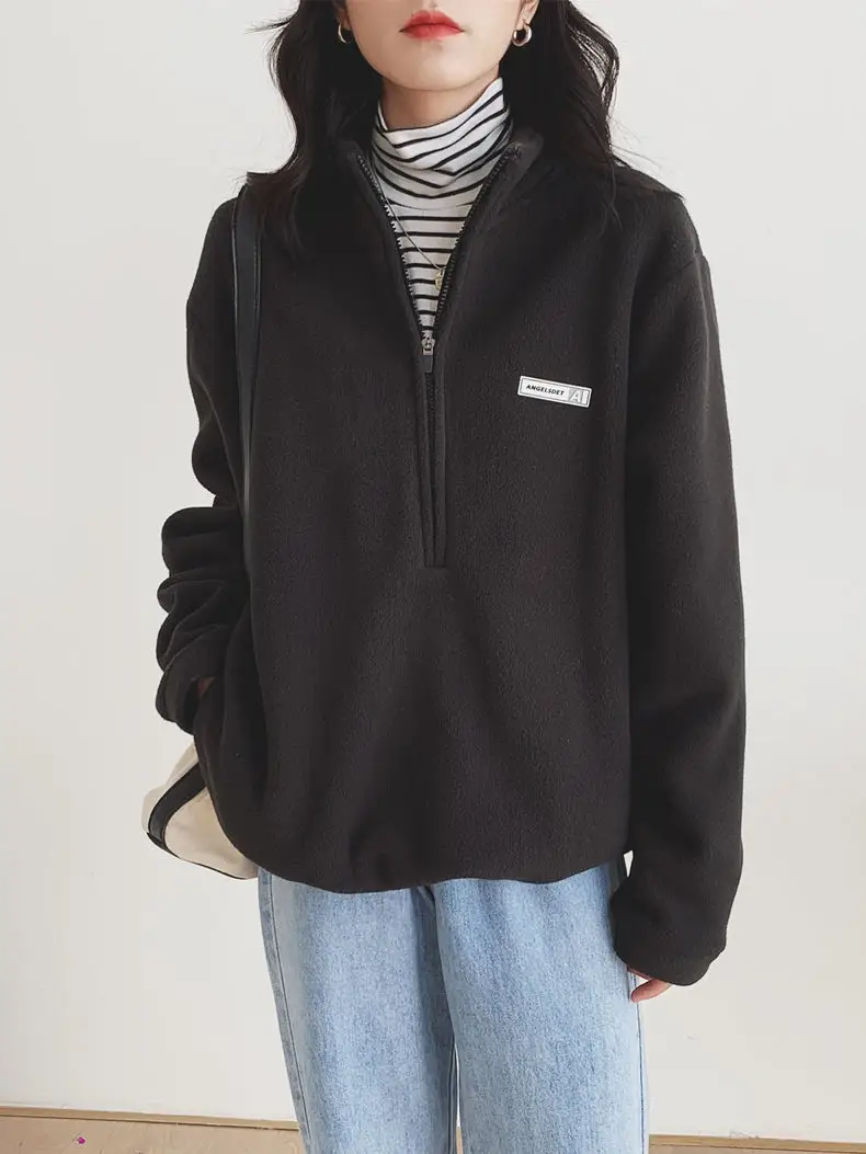 Women Black Velvet Quarter Zip Jacket Spring 2025 — feature 1