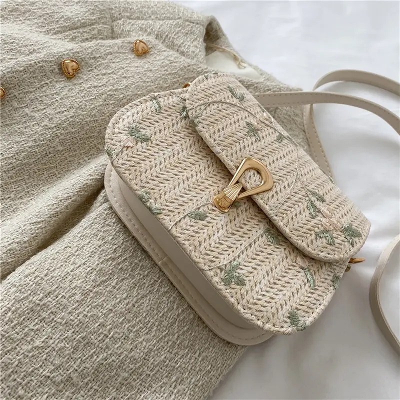 Women Straw Bag with Lace Flower Design - Image 4