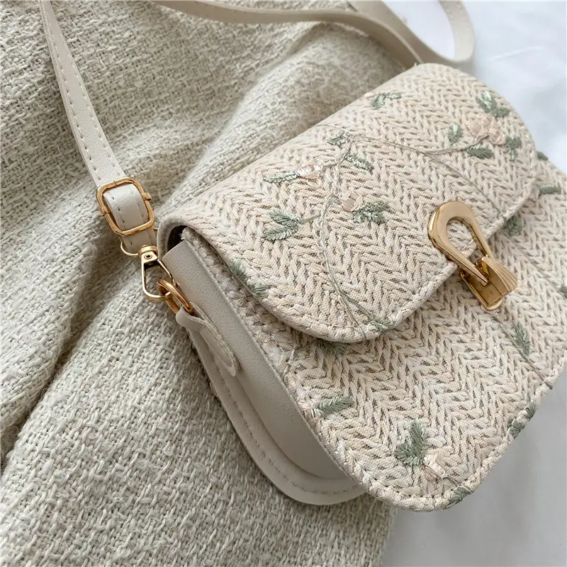 Women Straw Bag with Lace Flower Design - Image 5