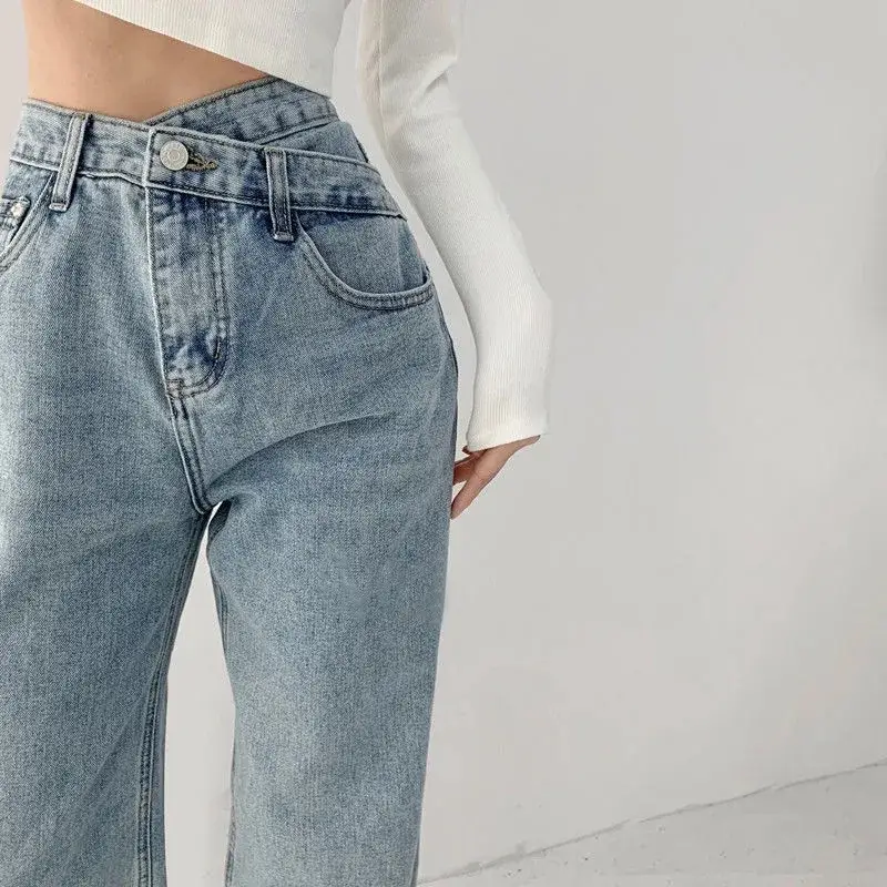 Light Blue Denim Jeans Women Summer 2022 Loose Slim Cross Waist