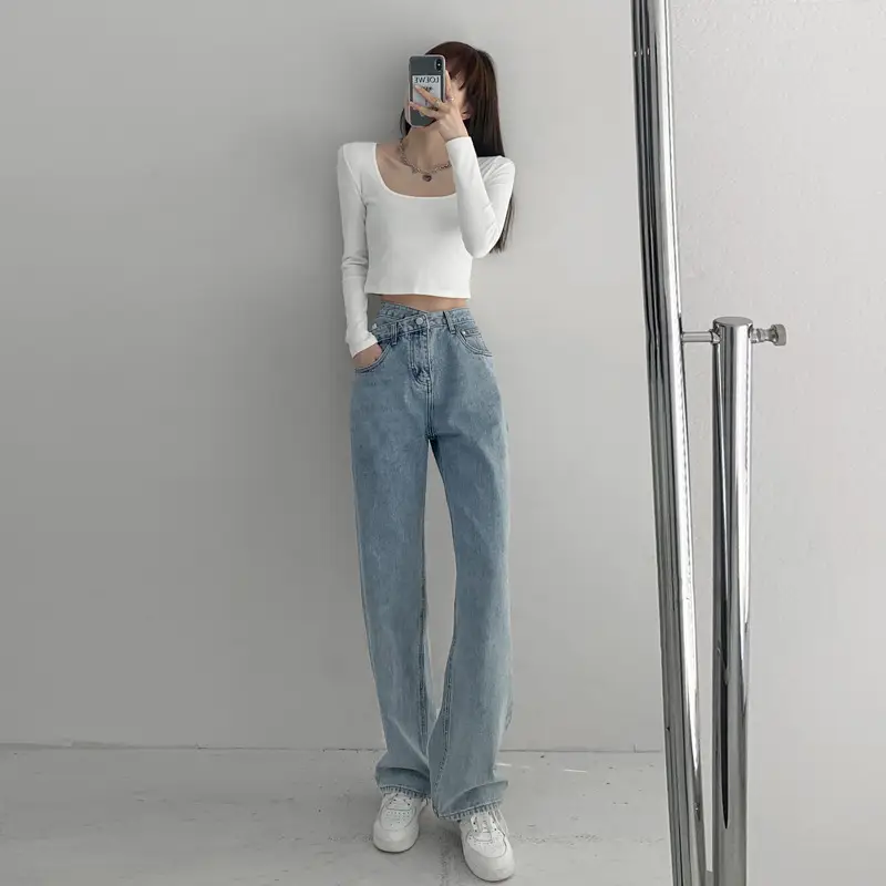 Light Blue Denim Jeans Women Summer 2022 Loose Slim Cross Waist