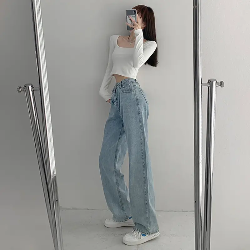 Light Blue Denim Jeans Women Summer 2022 Loose Slim Cross Waist