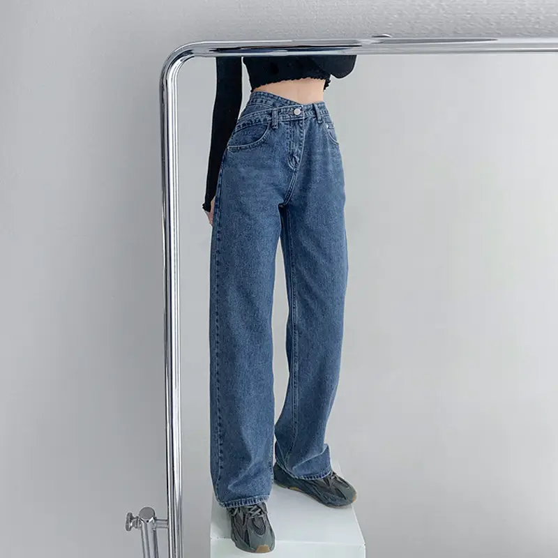 Light Blue Denim Jeans Women Summer 2022 Loose Slim Cross Waist