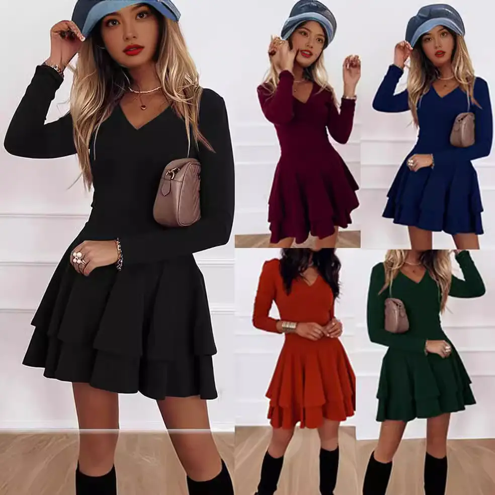 Women's Red Long Sleeve Pullover Dress Mid Waist Spliced Hem - Image 7