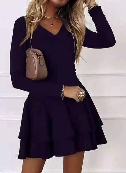 Women's Red Long Sleeve Pullover Dress Mid Waist Spliced Hem - Image 3