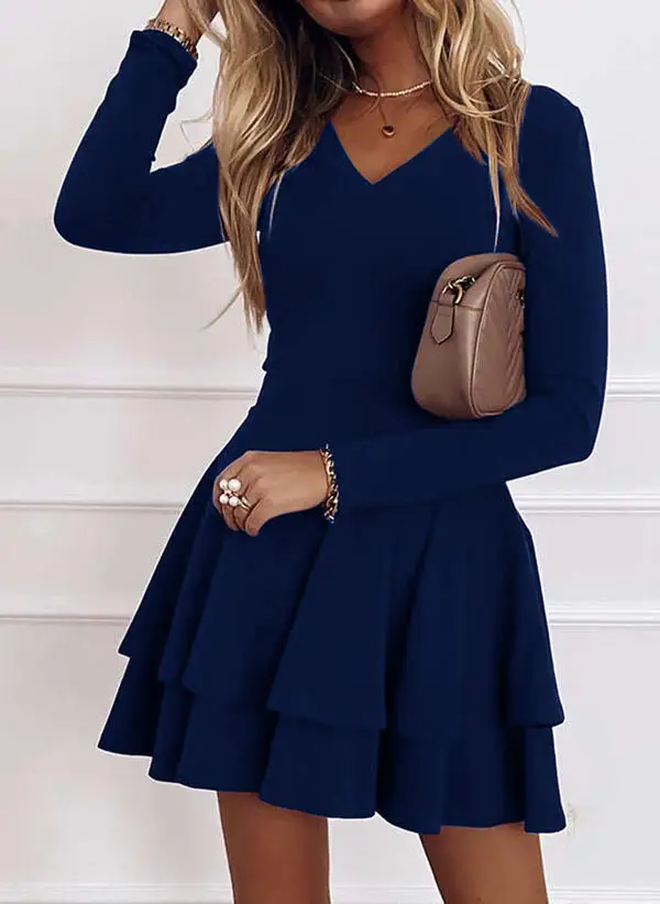 Women's Red Long Sleeve Pullover Dress Mid Waist Spliced Hem - Image 4