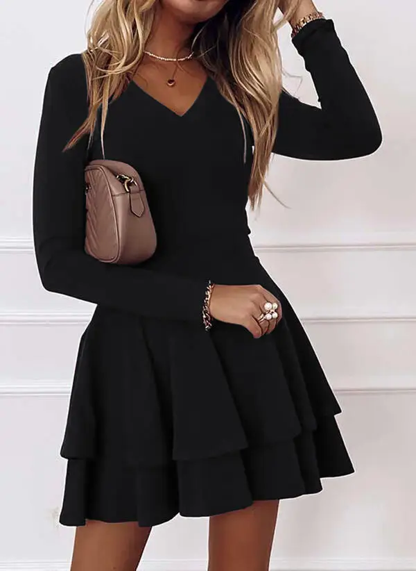 Women's Red Long Sleeve Pullover Dress Mid Waist Spliced Hem - Image 5