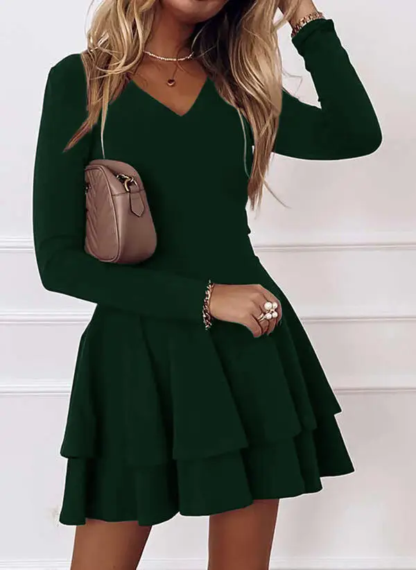 Women's Red Long Sleeve Pullover Dress Mid Waist Spliced Hem - Image 6