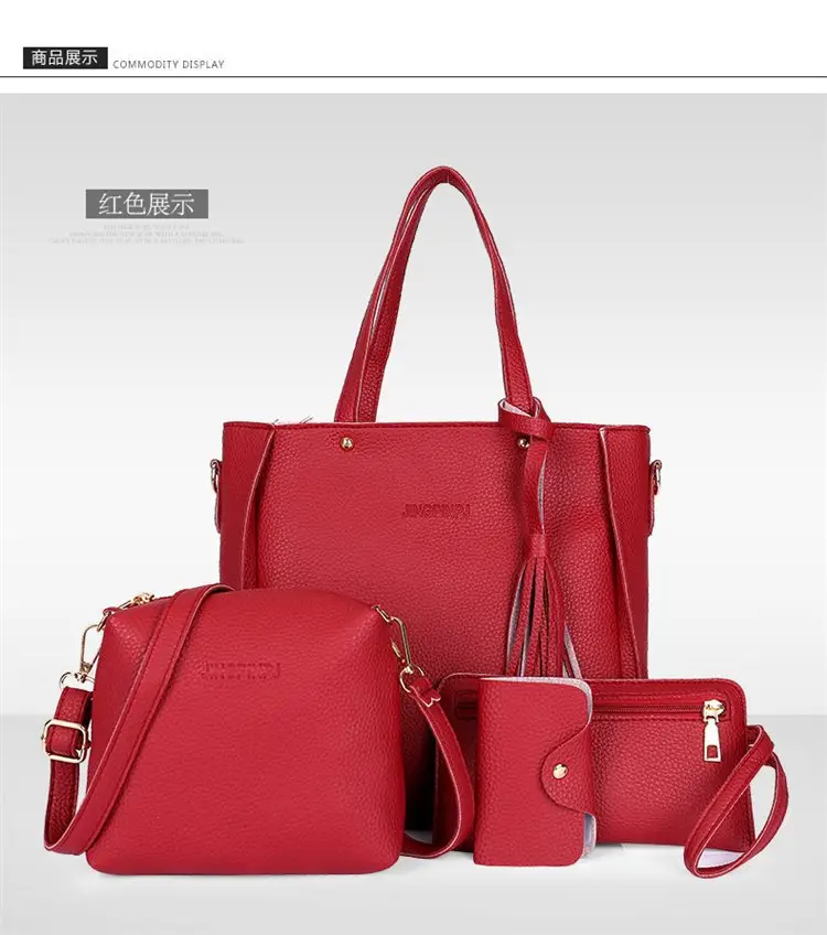 Red 4-Piece Women's Leather Handbag Set — feature 11