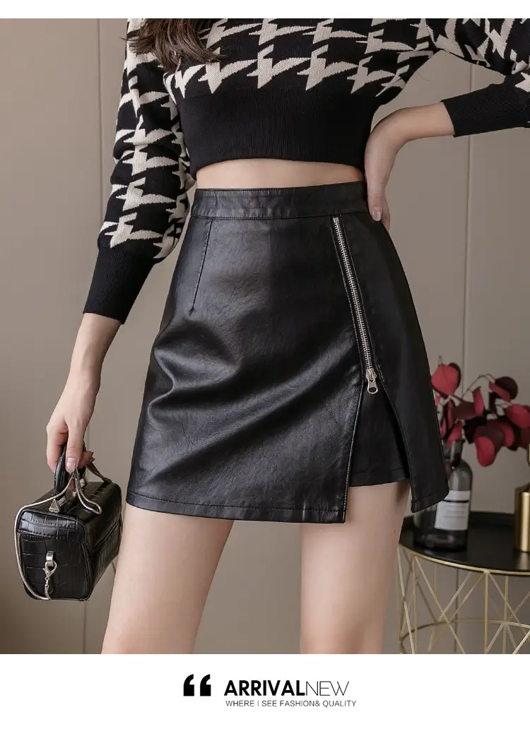 Black High Waist Leather Skirt for Women — feature 12