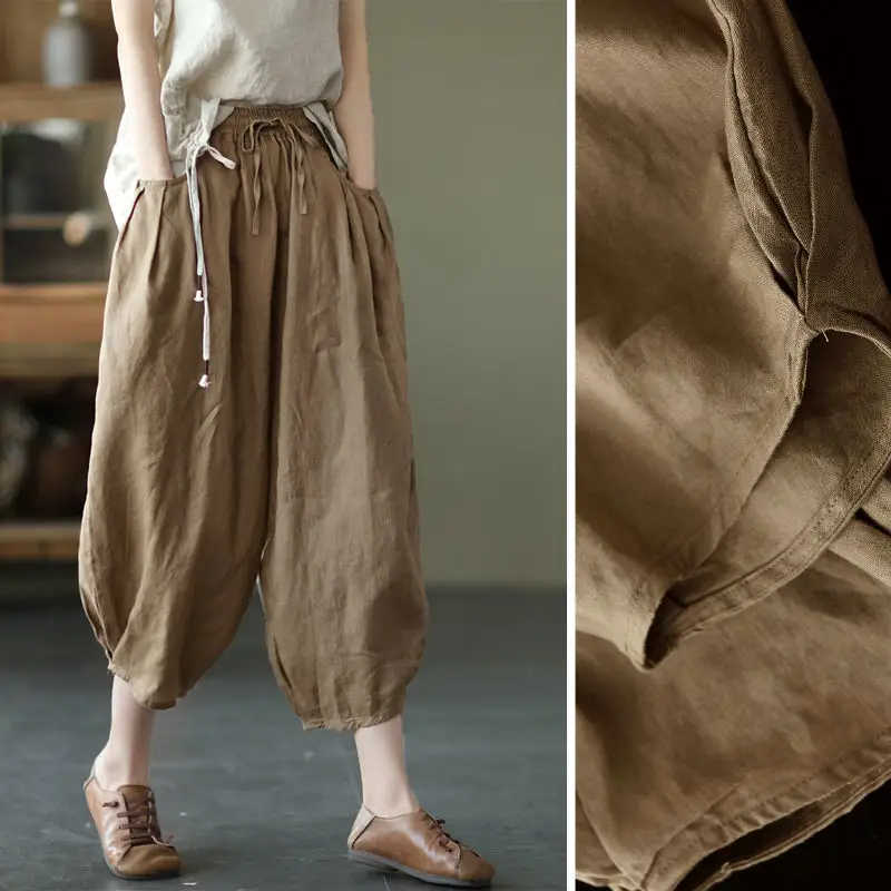 Women Faux Linen Stretch Waist Pants Brown - Image 5
