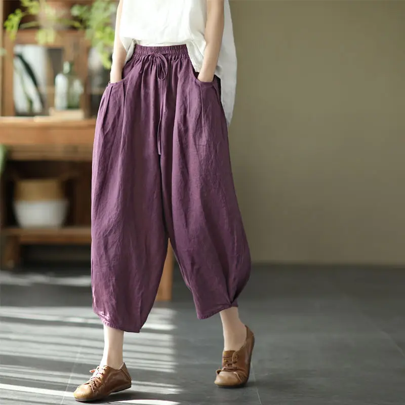 Women Faux Linen Stretch Waist Pants Brown - Image 7