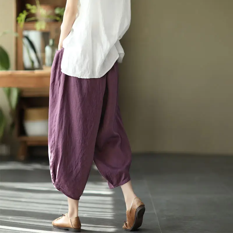 Women Faux Linen Stretch Waist Pants Brown - Image 8