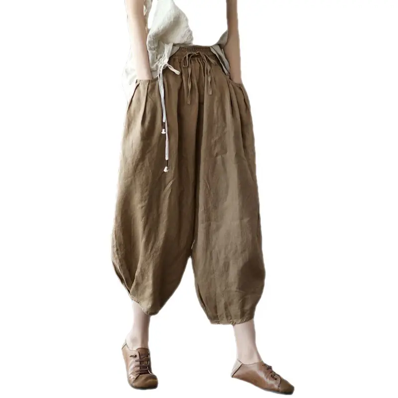 Women Faux Linen Stretch Waist Pants Brown - Image 10