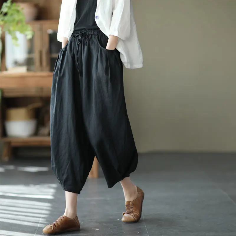 Women Faux Linen Stretch Waist Pants Brown — feature 10