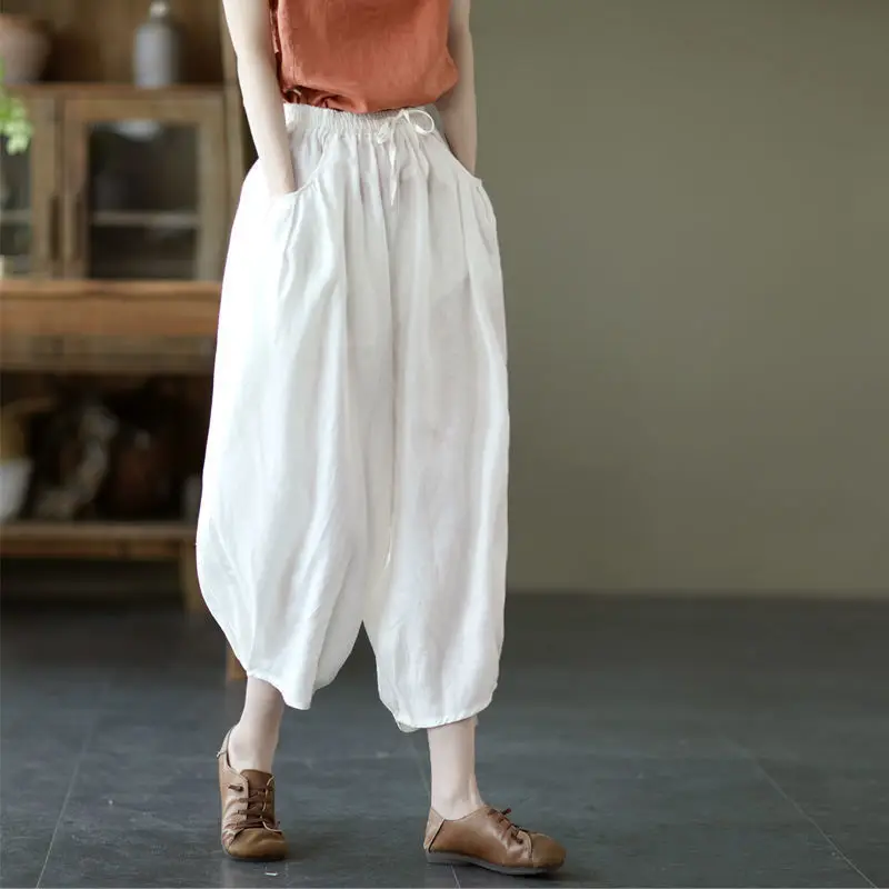 Women Faux Linen Stretch Waist Pants Brown — feature 11