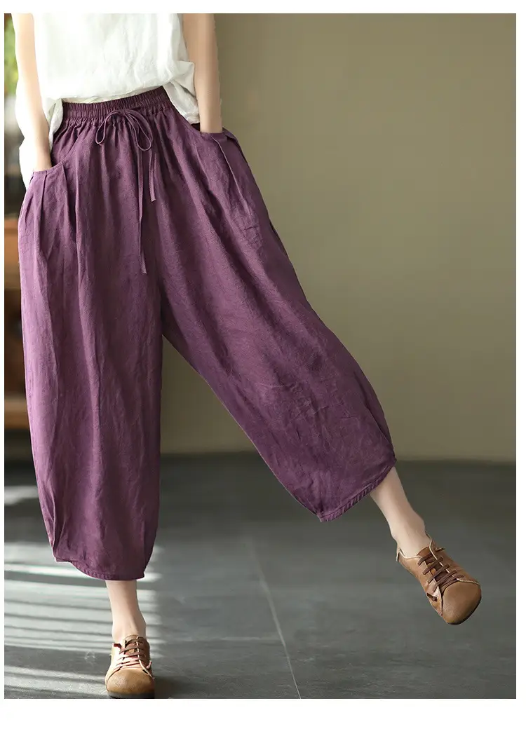 Women Faux Linen Stretch Waist Pants Brown — feature 4