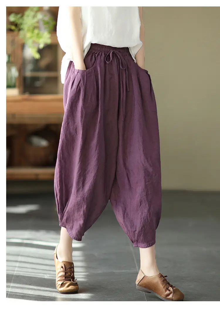 Women Faux Linen Stretch Waist Pants Brown — feature 5