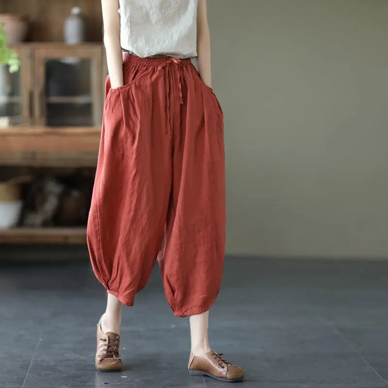 Women Faux Linen Stretch Waist Pants Brown — feature 8