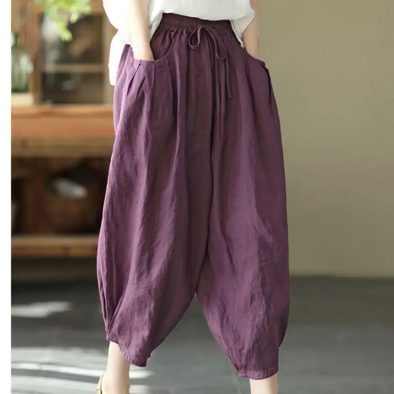 Women Faux Linen Stretch Waist Pants Brown - Image 3