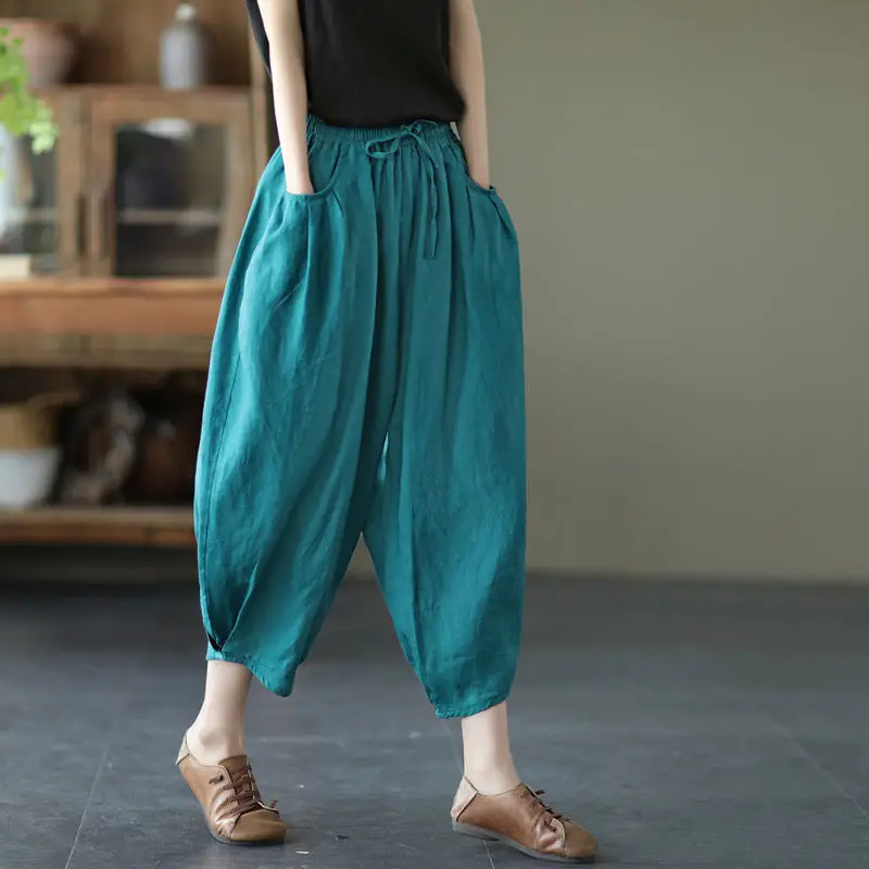 Women Faux Linen Stretch Waist Pants Brown - Image 6