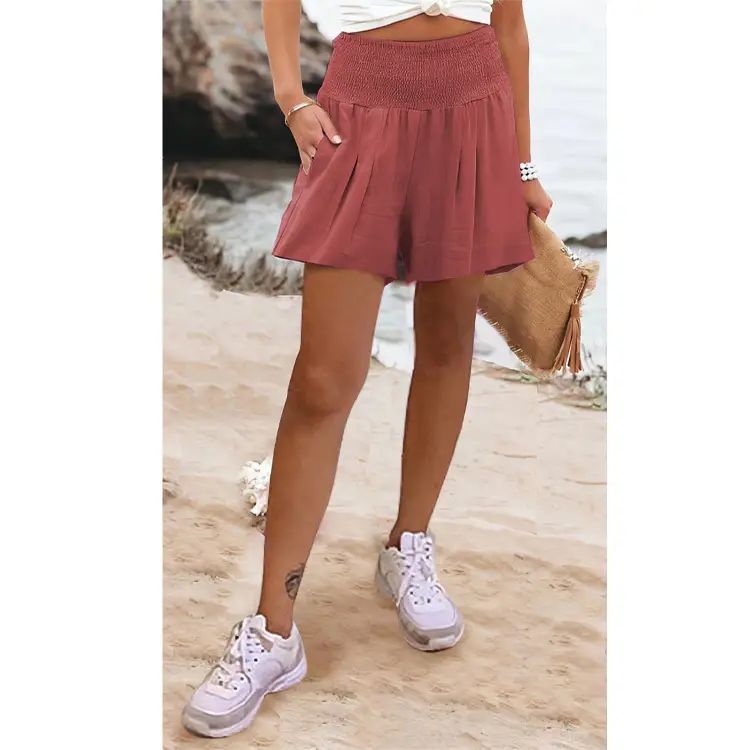 Women's Maroon High Waist Pleated Shorts 2022