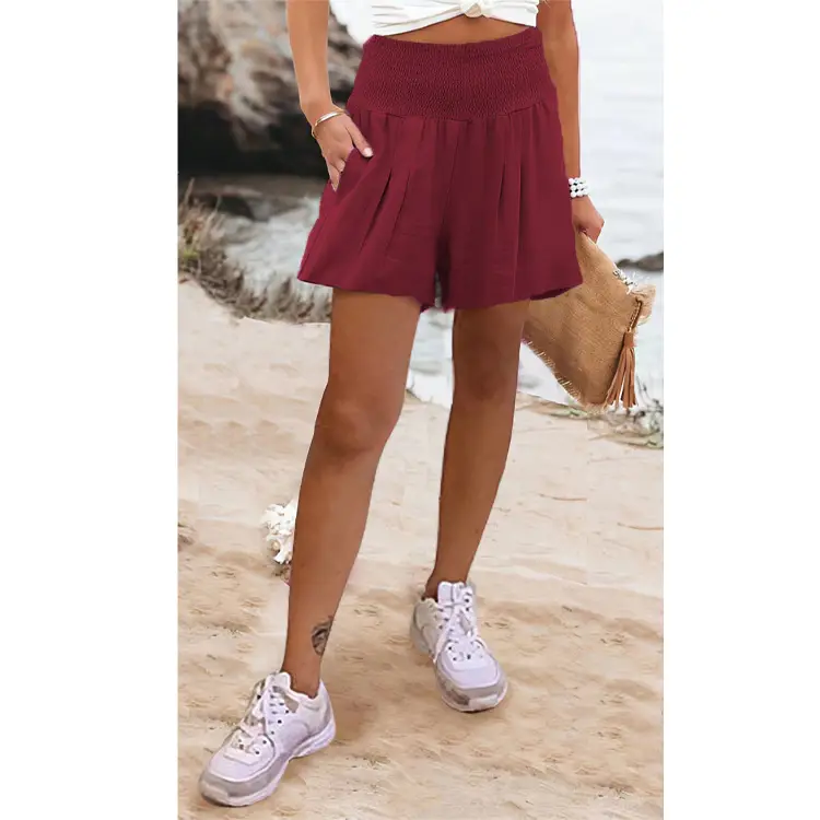 Women's Maroon High Waist Pleated Shorts 2022
