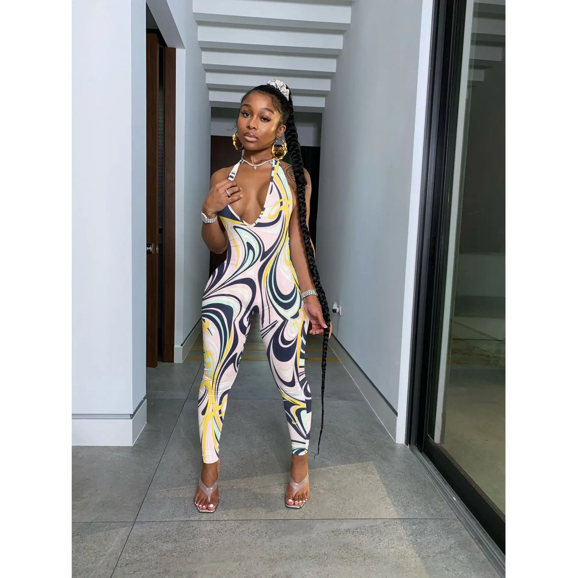2022 Printed Sexy Pullover Jumpsuit Women Green White - Image 5