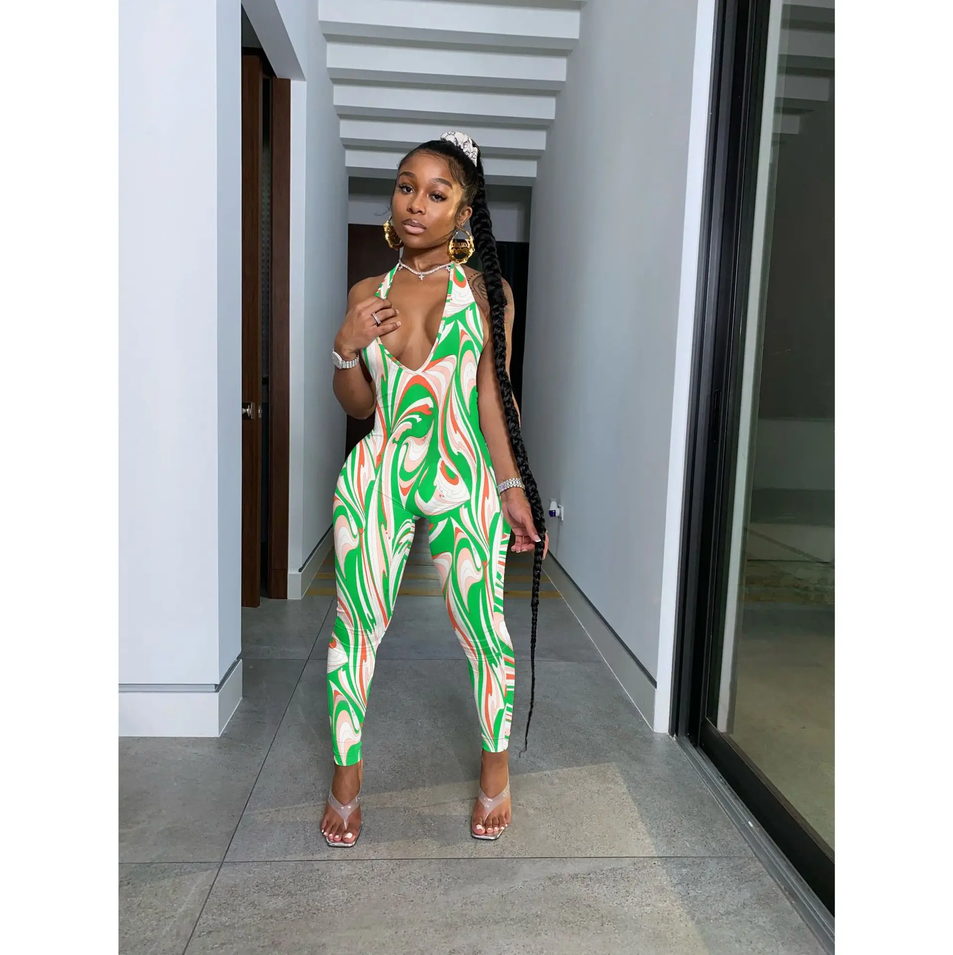 2022 Printed Sexy Pullover Jumpsuit Women Green White - Image 6