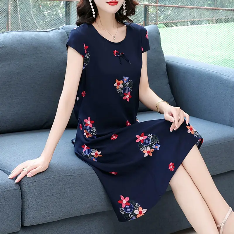 Green Printed Silk Dress for Women Mid-Length Loose Fit