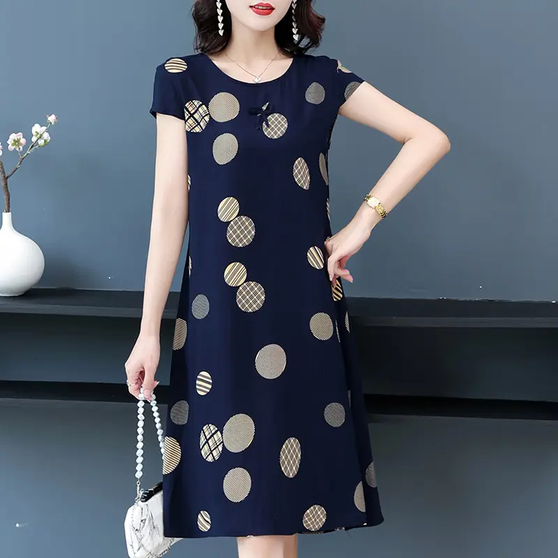 Green Printed Silk Dress for Women Mid-Length Loose Fit