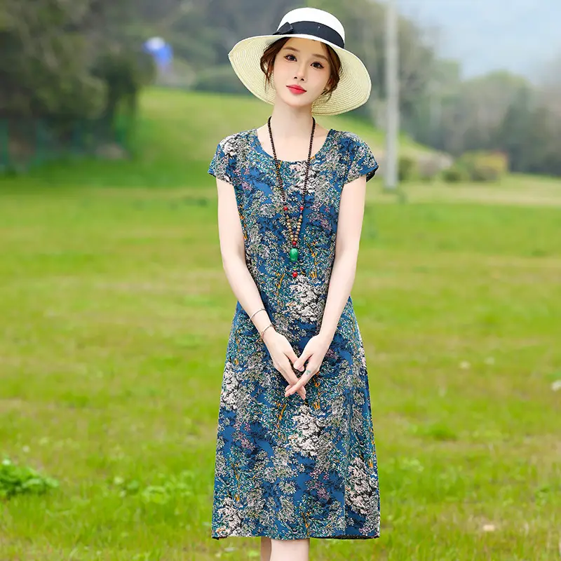 Green Printed Silk Dress for Women Mid-Length Loose Fit