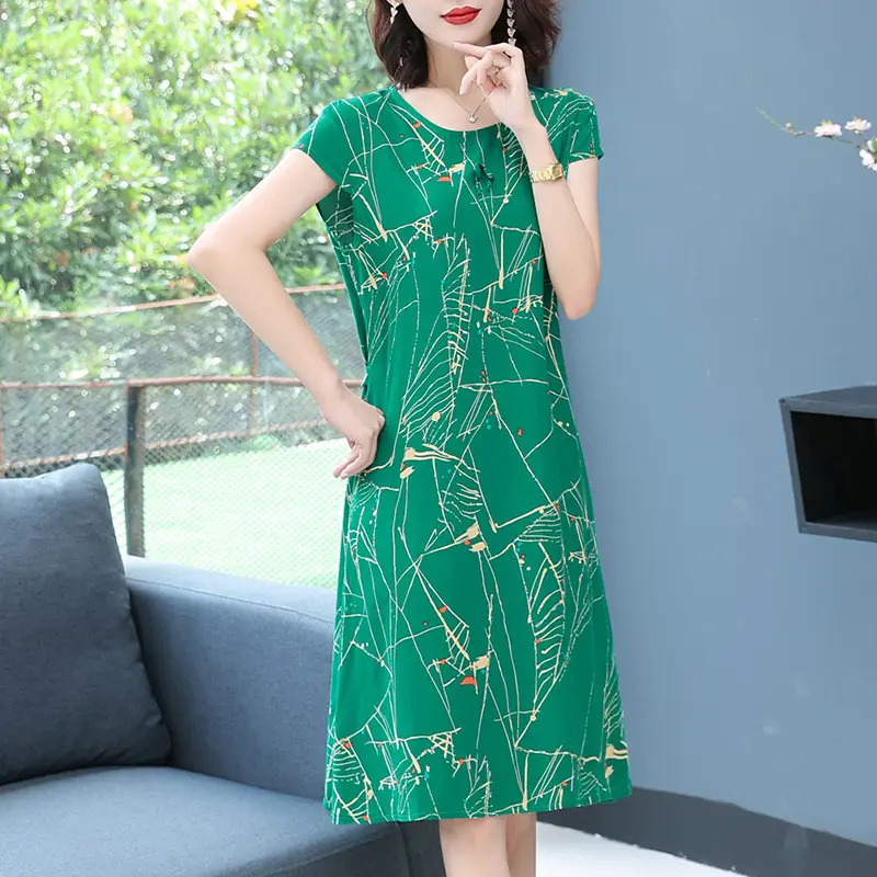 Green Printed Silk Dress for Women Mid-Length Loose Fit