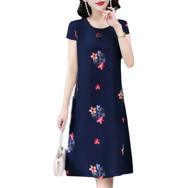 Green Printed Silk Dress for Women Mid-Length Loose Fit