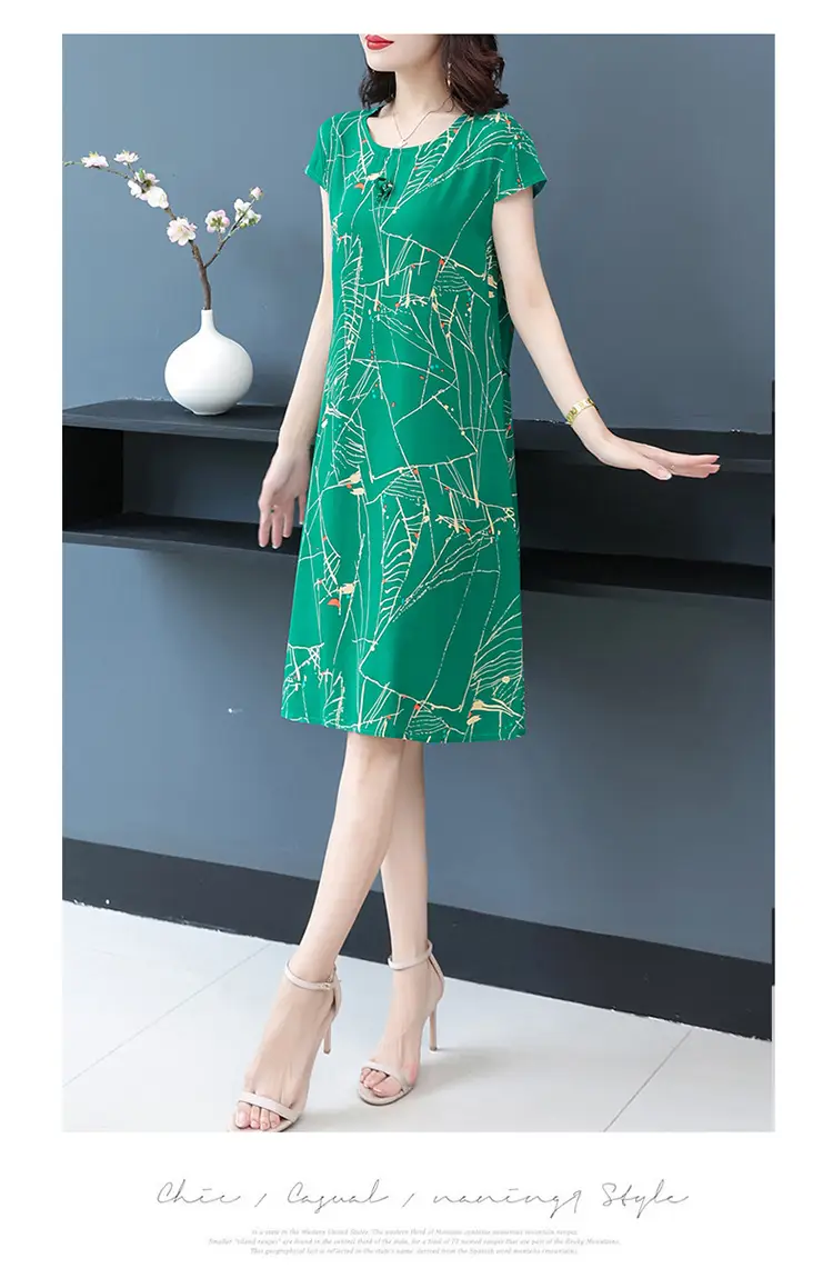 Green Printed Silk Dress for Women Mid-Length Loose Fit — feature 40