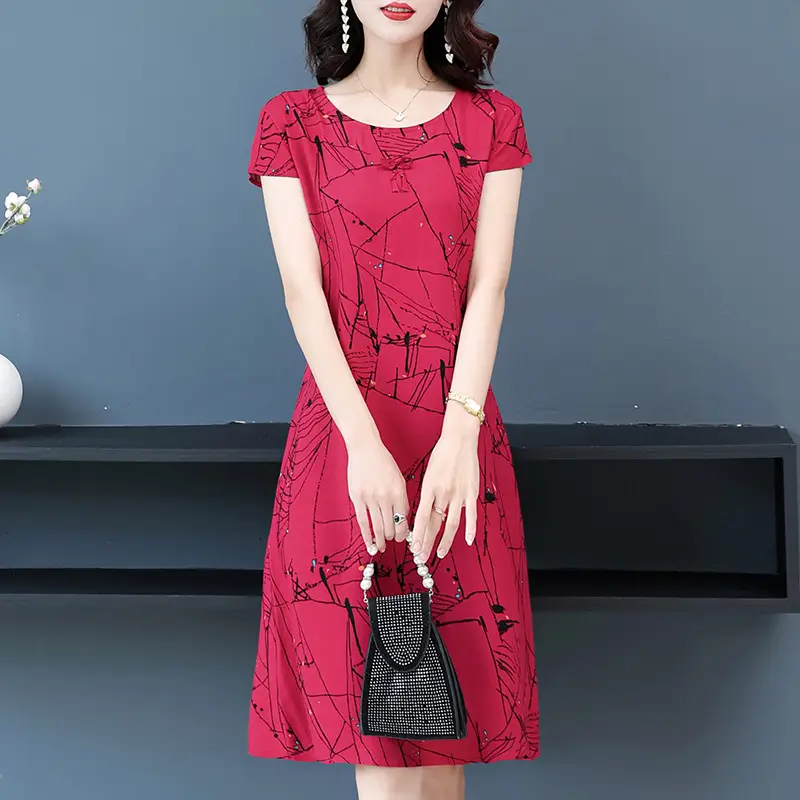 Green Printed Silk Dress for Women Mid-Length Loose Fit