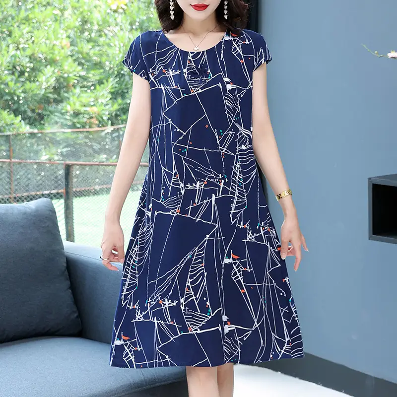 Green Printed Silk Dress for Women Mid-Length Loose Fit