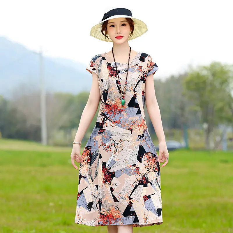 Green Printed Silk Dress for Women Mid-Length Loose Fit