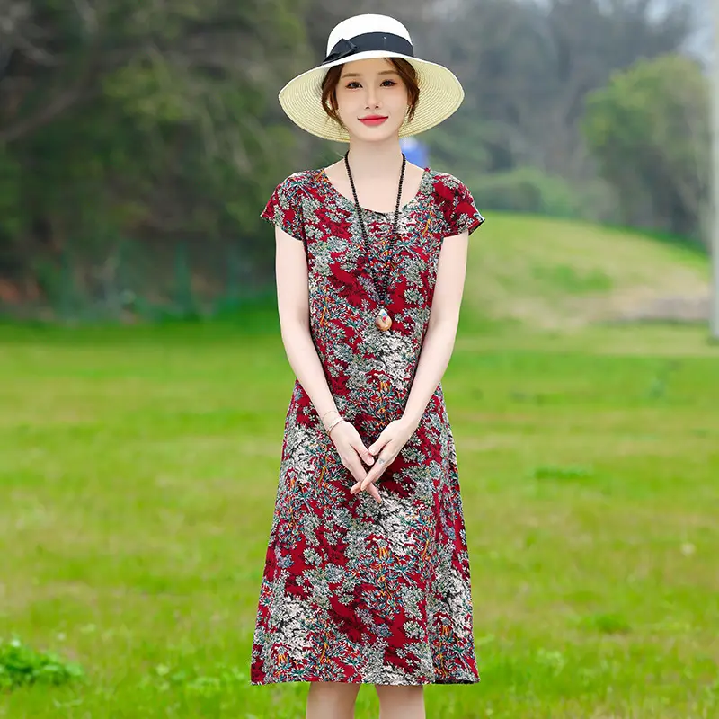 Green Printed Silk Dress for Women Mid-Length Loose Fit