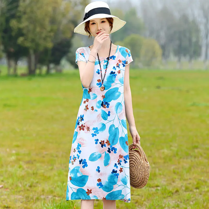 Green Printed Silk Dress for Women Mid-Length Loose Fit