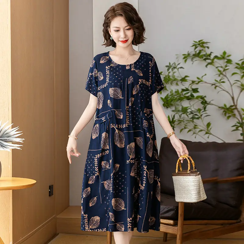 Fat Plus Size Cotton Silk Dress Navy Leaf Print - Image 23