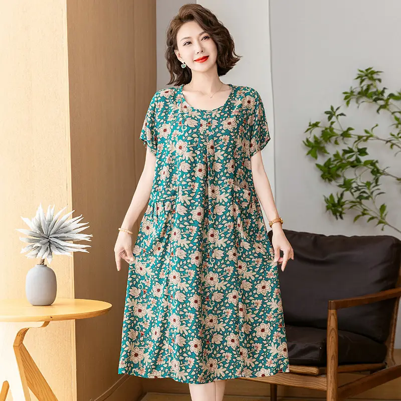 Fat Plus Size Cotton Silk Dress Navy Leaf Print - Image 30